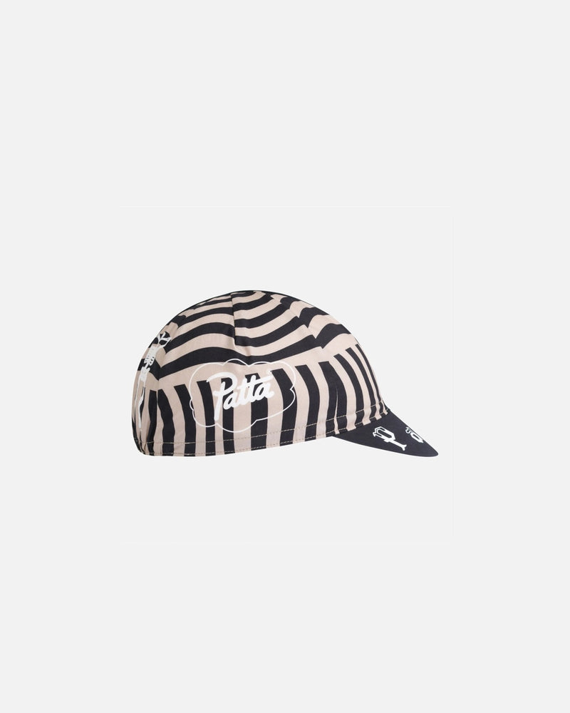 Patta x Rapha Cap II cycling cap in black and stone stripes, shown from a side profile view.