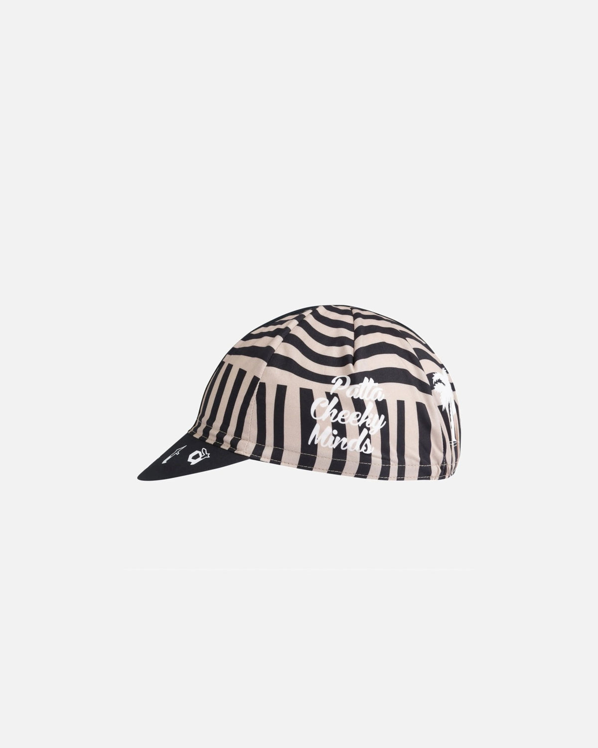 Patta x Rapha Cap II in black and stone featuring a wavy striped pattern, shown from the side.