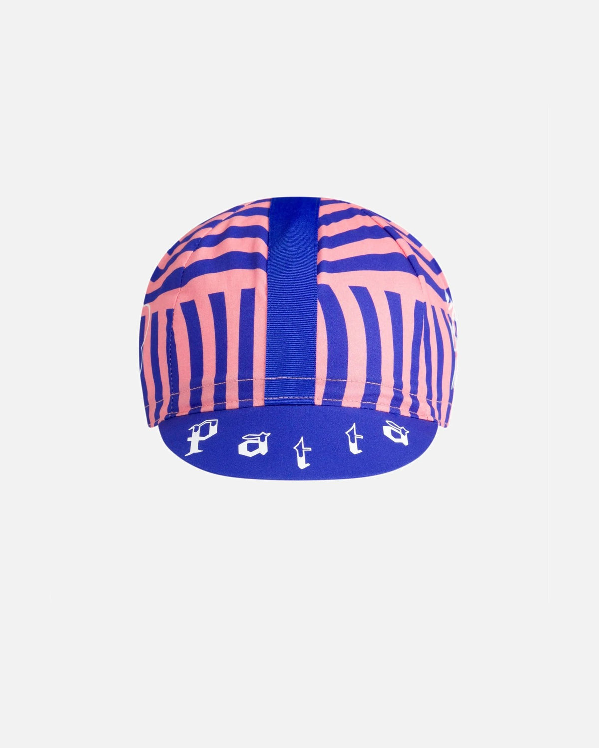 Patta x Rapha Cap II cycling cap in flamingo pink and royal blue with graphic print and branded brim.