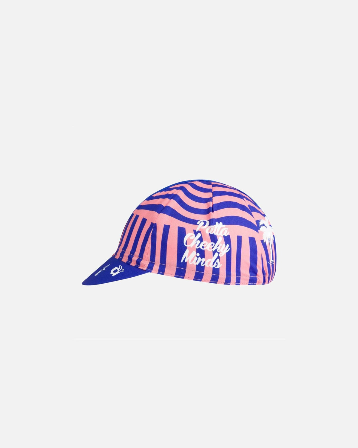 Patta x Rapha Cap II in flamingo pink and royal blue featuring wavy stripes and Cheeky Minds graphic.