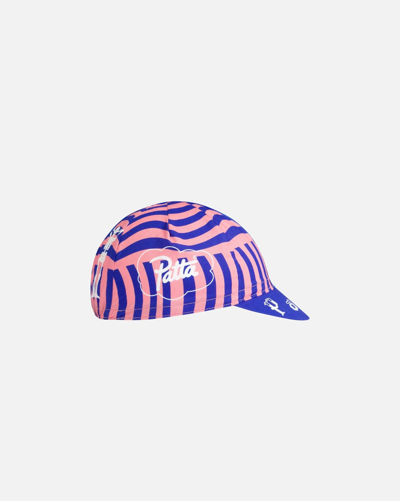 Patta x Rapha Cap II in flamingo pink and royal blue wavy stripes, shown from a side profile view.