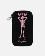Black Patta x Rapha essentials case featuring pink embroidered skeleton graphic and logo details.