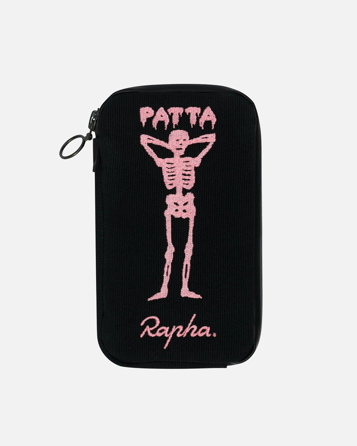 Black Patta x Rapha essentials case featuring pink embroidered skeleton graphic and logo details.