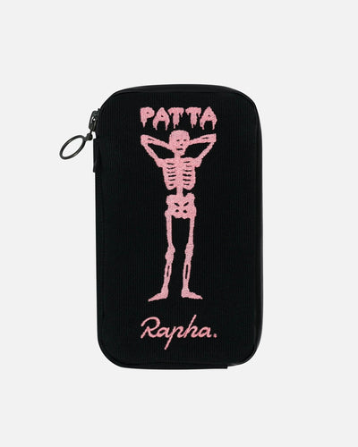 Black Patta x Rapha essentials case featuring pink embroidered skeleton graphic and logo details.