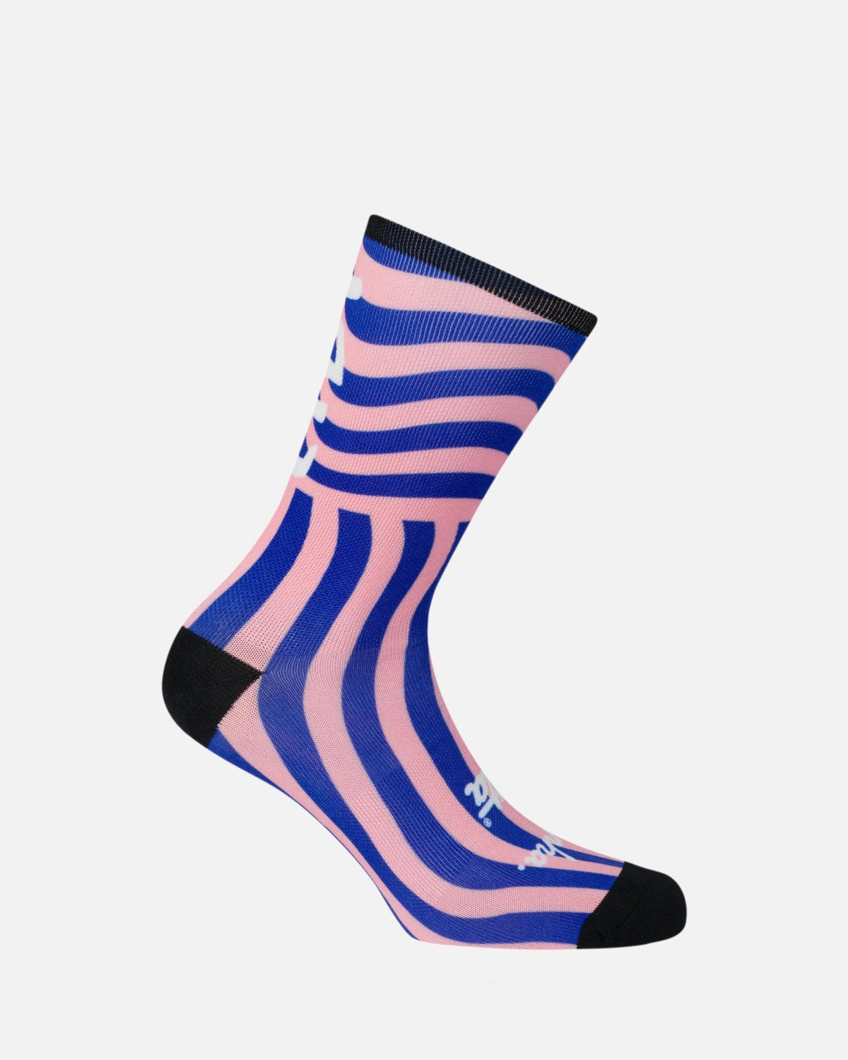 Patta x Rapha graphic sock in flamingo pink and royal blue stripes with black toe and heel accents.