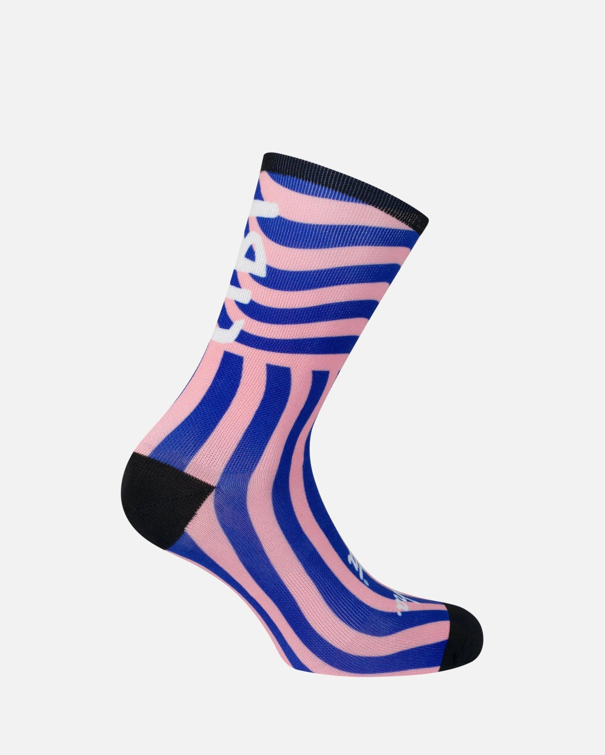 Patta x Rapha graphic sock featuring flamingo pink and royal blue stripes with black heel and toe.