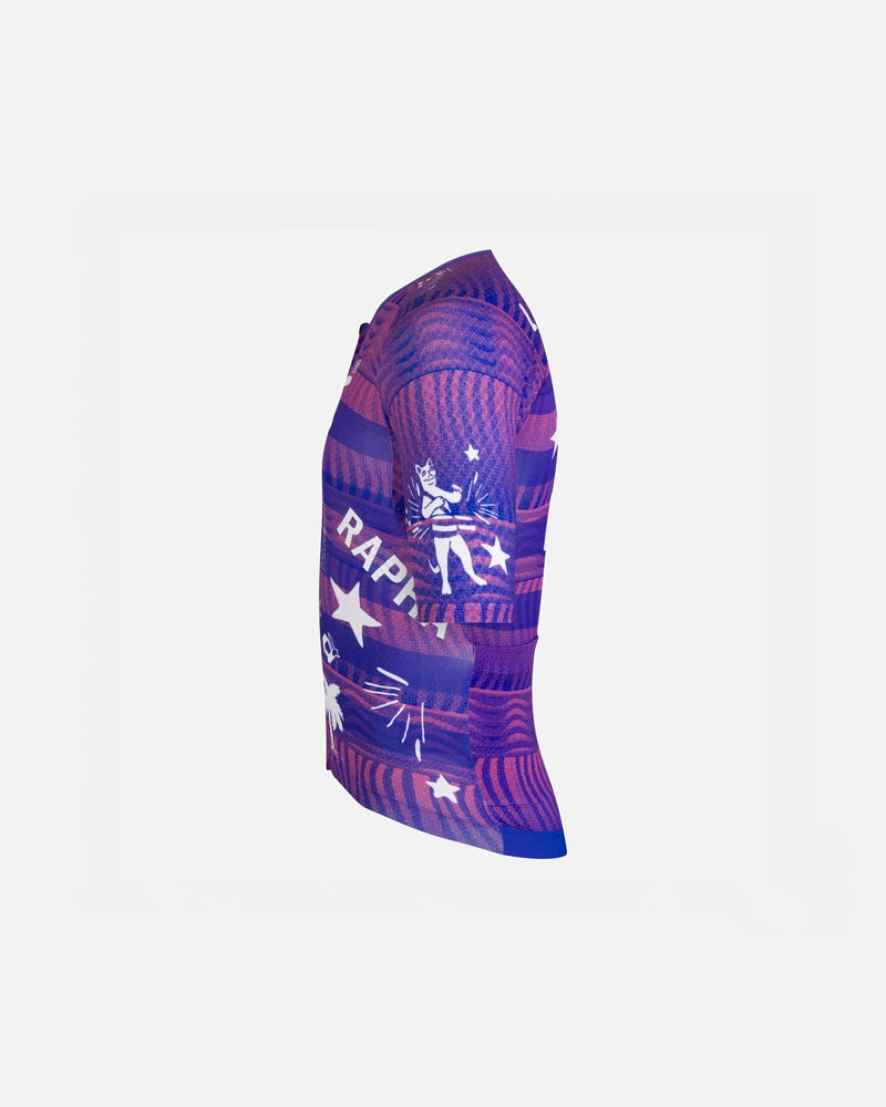 Side view of Patta x Rapha Men's Pro Team Aero Jersey in flamingo pink and royal blue.