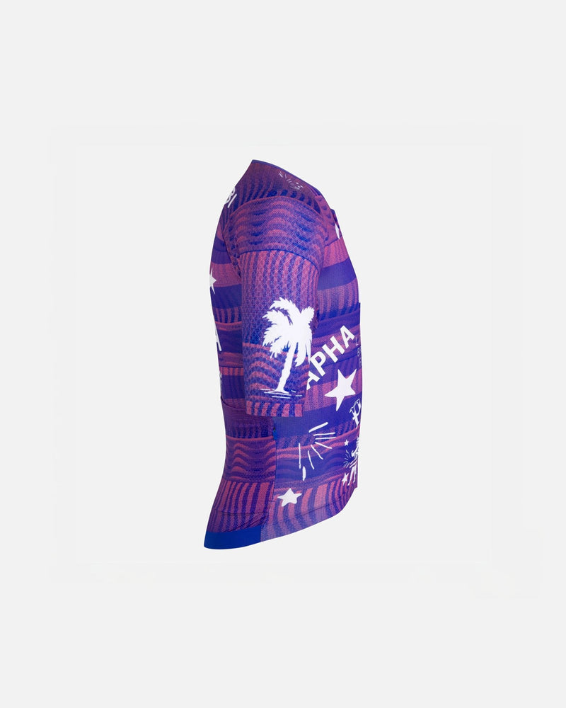 Side profile of the Patta x Rapha Pro Team Aero cycling jersey in flamingo pink and royal blue.