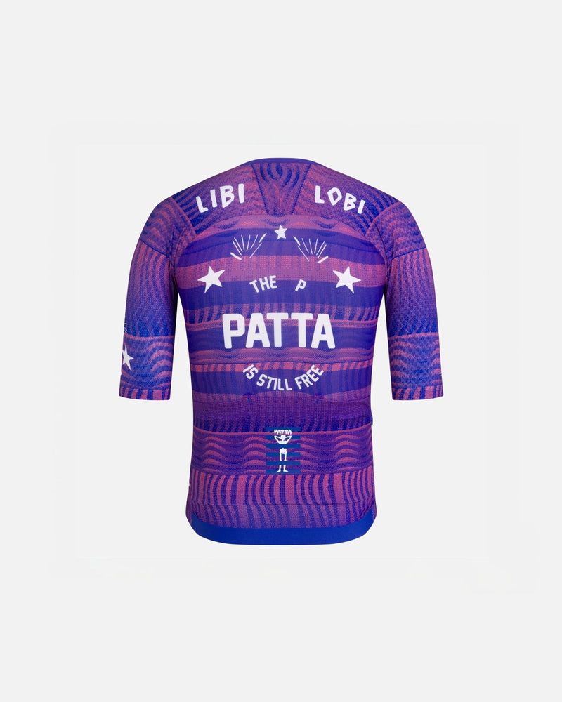 Back view of Patta x Rapha Pro Team Aero cycling jersey in flamingo pink and royal blue graphic print.