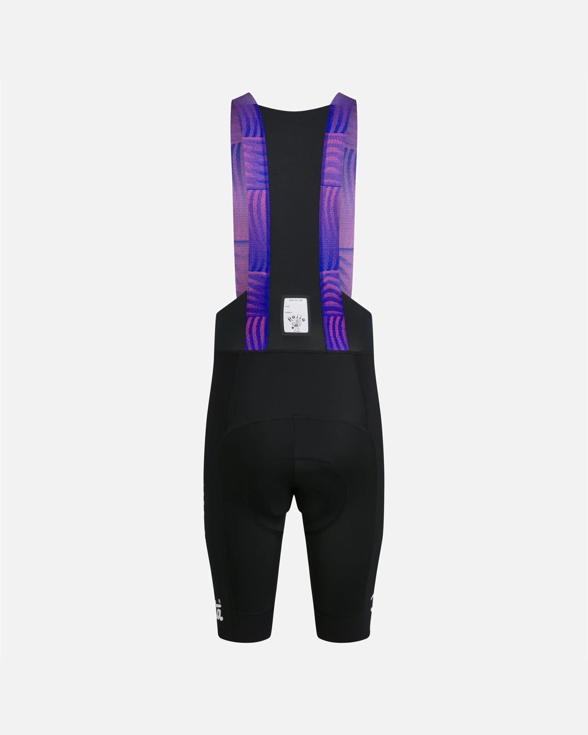 Back view of Patta x Rapha Men's Pro Team Bib Shorts in black with graphic pink and blue straps.