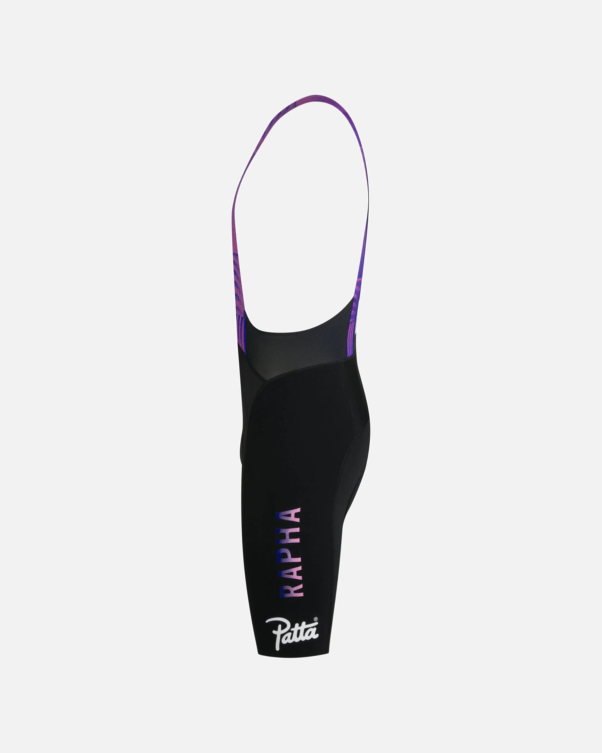 Side view of Patta x Rapha men's cycling bib shorts in black with pink and blue gradient accents.
