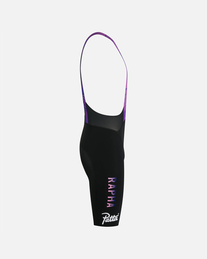 Side view of black Patta x Rapha Men's Pro Team Bib Shorts with gradient purple straps.
