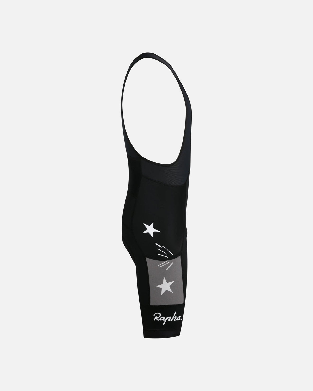 Side view of Patta x Rapha Men's Pro Team Cargo Bib Shorts in Black and Stone with star graphics.