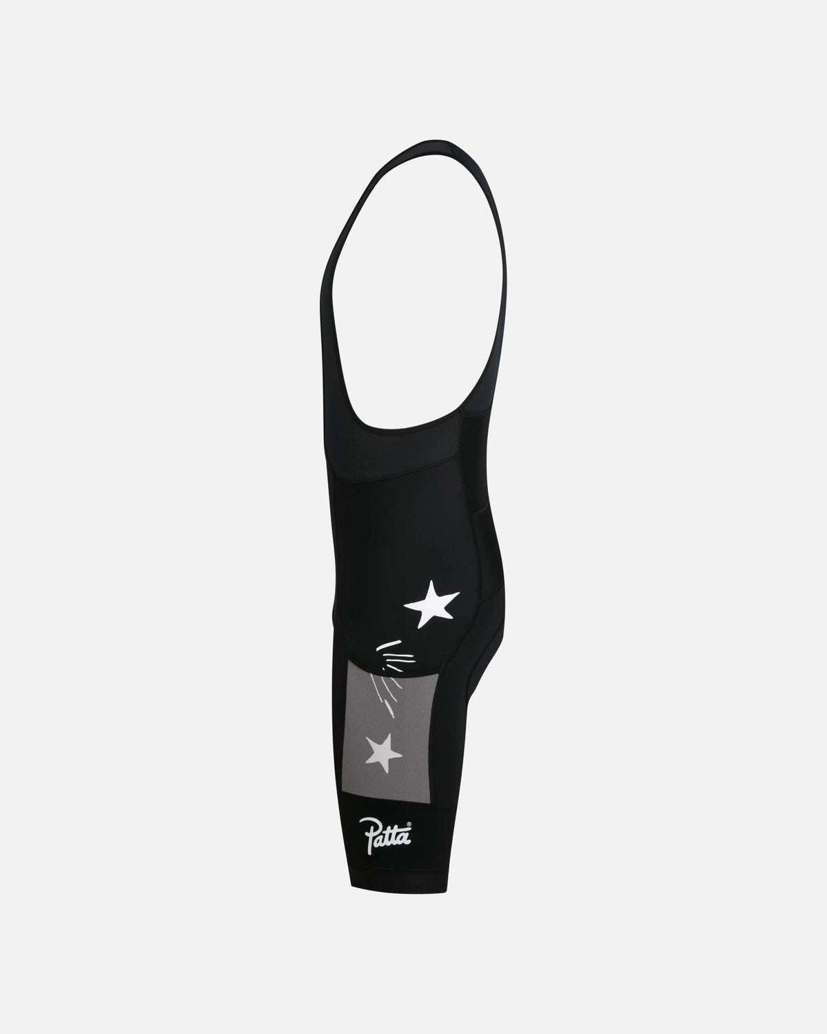 Side profile of the Patta x Rapha Men's Cargo Bib Shorts in black with mesh pocket and star graphics.