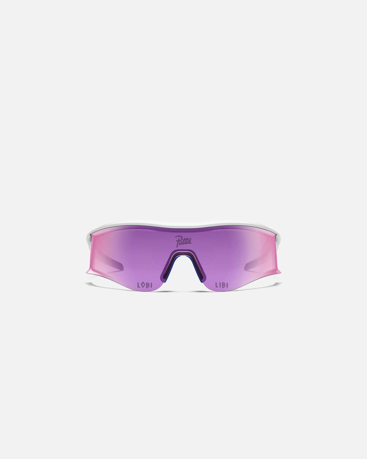 Patta x Rapha Reis cycling sunglasses in white with pink tinted shield lens and Lobi Libi script.
