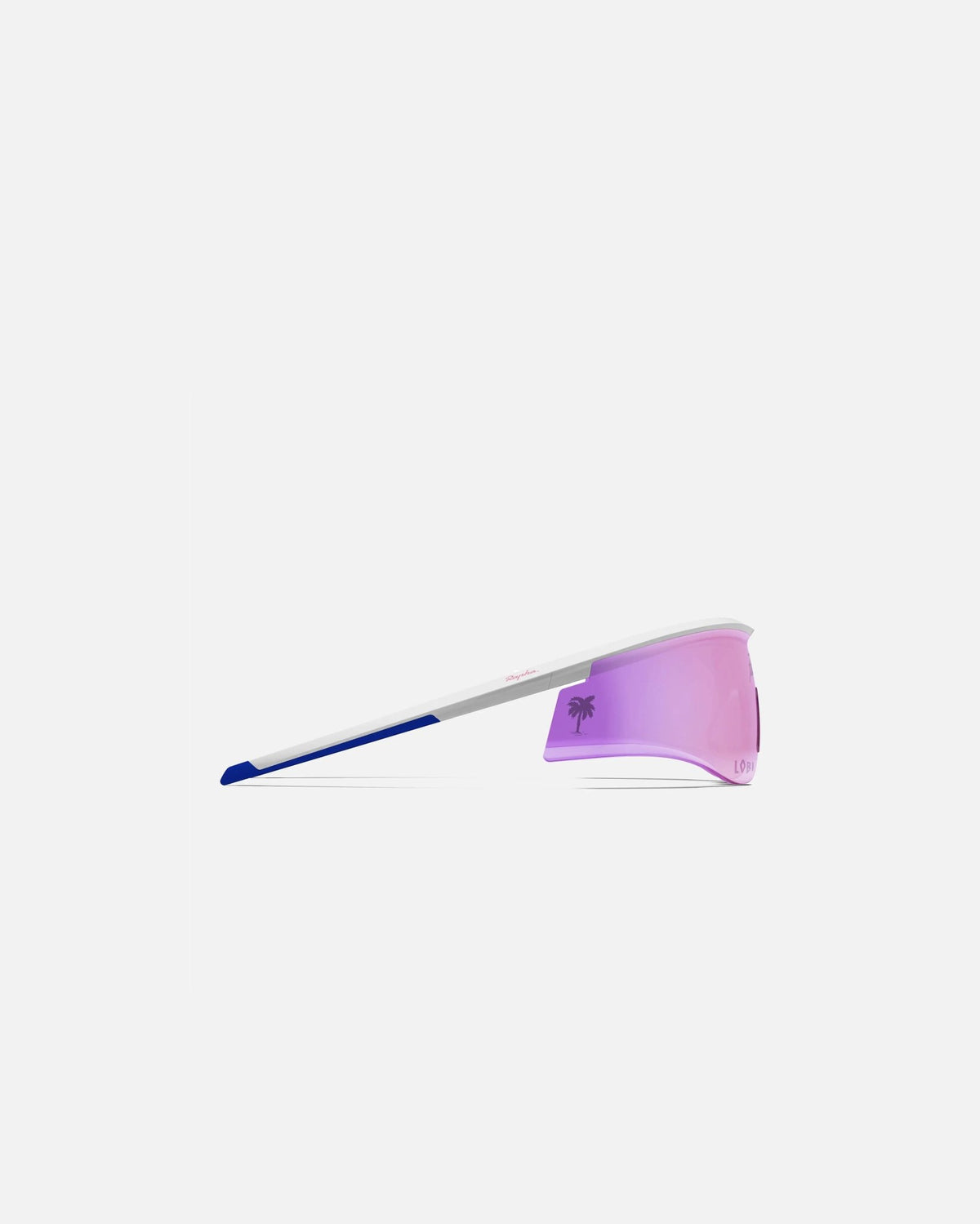 Side view of Patta x Rapha Reis sunglasses featuring a white frame, blue accents, and pink tinted shield lens.