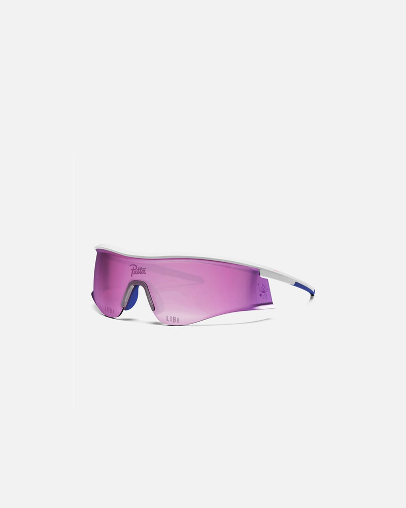 Patta x Rapha Reis cycling sunglasses with a white frame and pink shield lens.