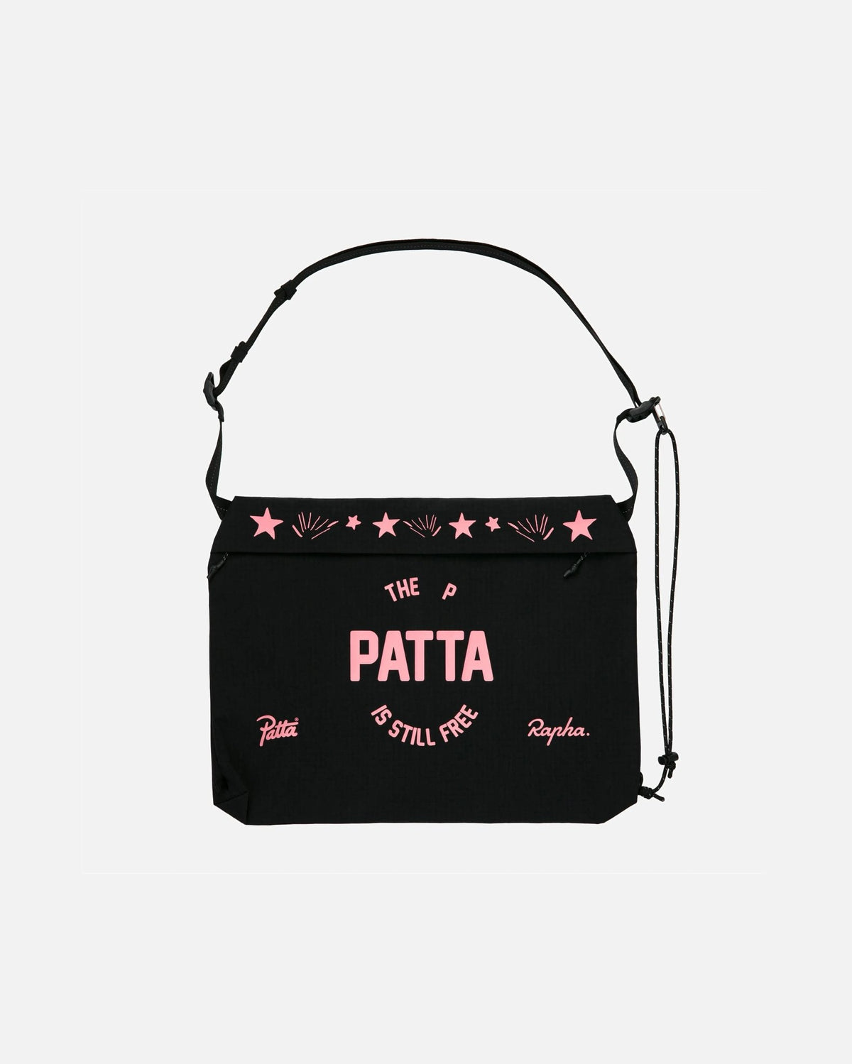 Patta x Rapha black tech musette bag with pink printed graphics and an adjustable strap.