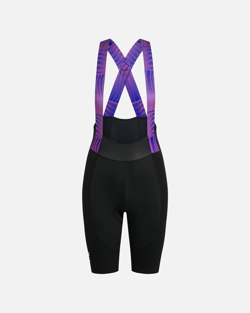 Back view of Patta x Rapha women's cycling bib shorts in black with pink and blue patterned straps.