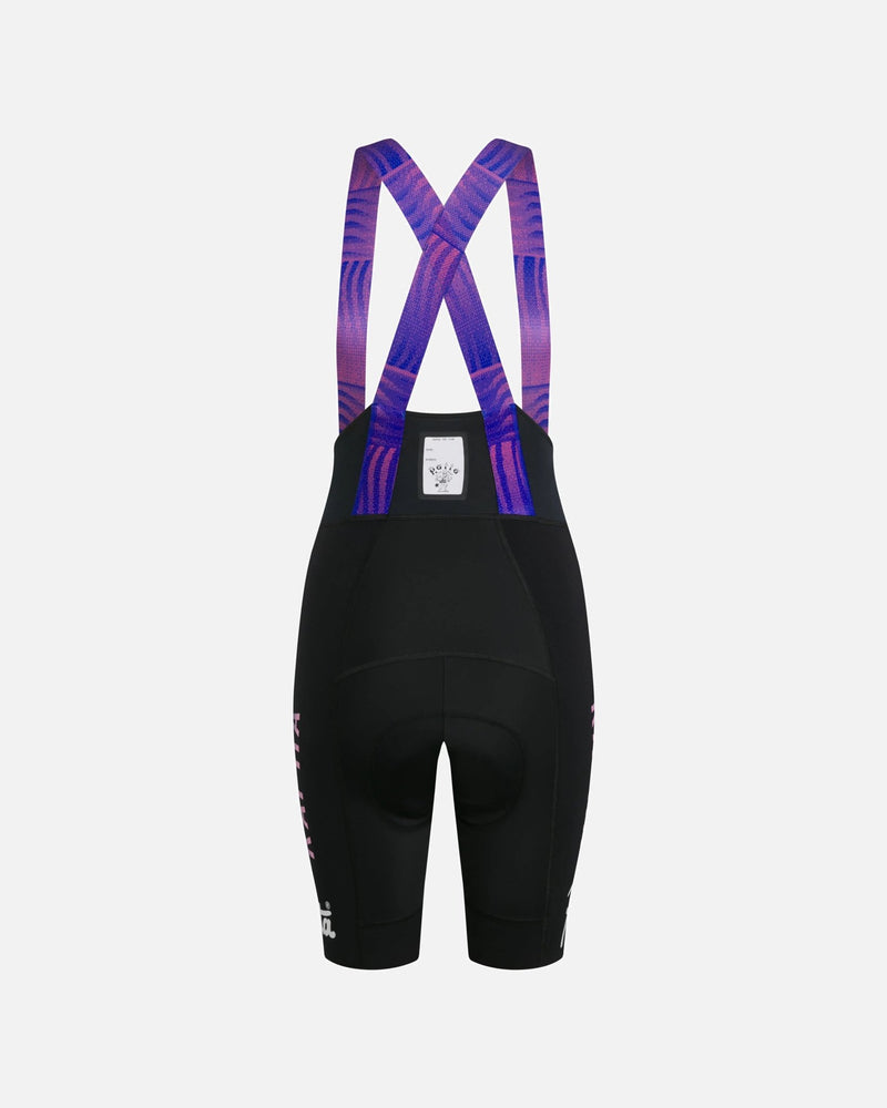 Back view of Patta x Rapha Women's Pro Team Bib Shorts in black with pink and blue crossed straps.