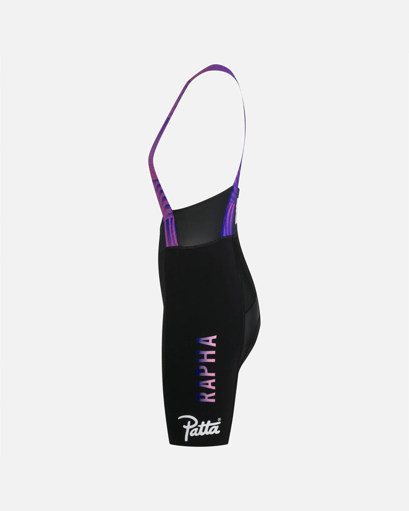 Side view of Patta x Rapha Women's Pro Team Bib Shorts in black featuring gradient straps and logos.