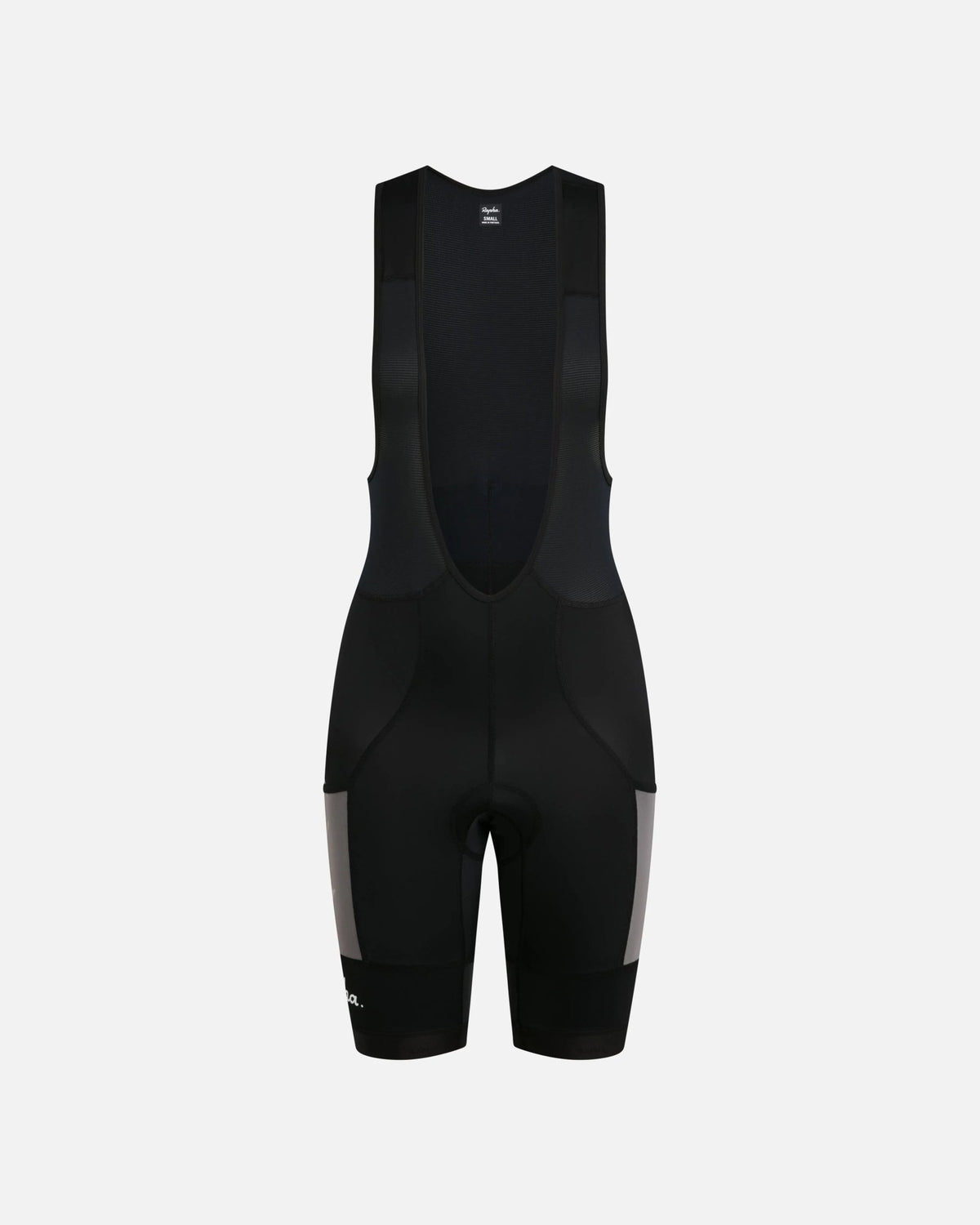 Front view of Patta x Rapha women's cargo bib shorts in black with stone mesh pockets.