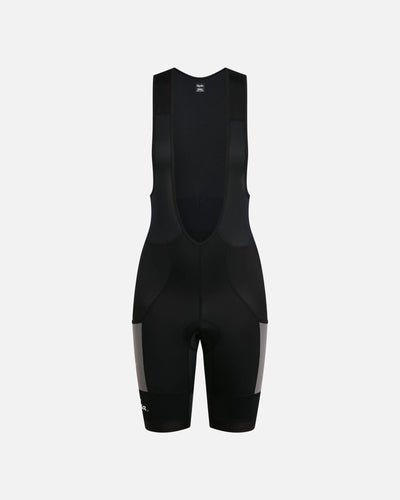 Front view of Patta x Rapha women's cargo bib shorts in black with stone mesh pockets.