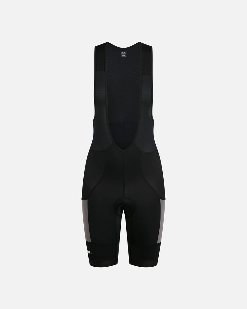 Front view of Patta x Rapha women's cargo bib shorts in black with stone mesh pockets.