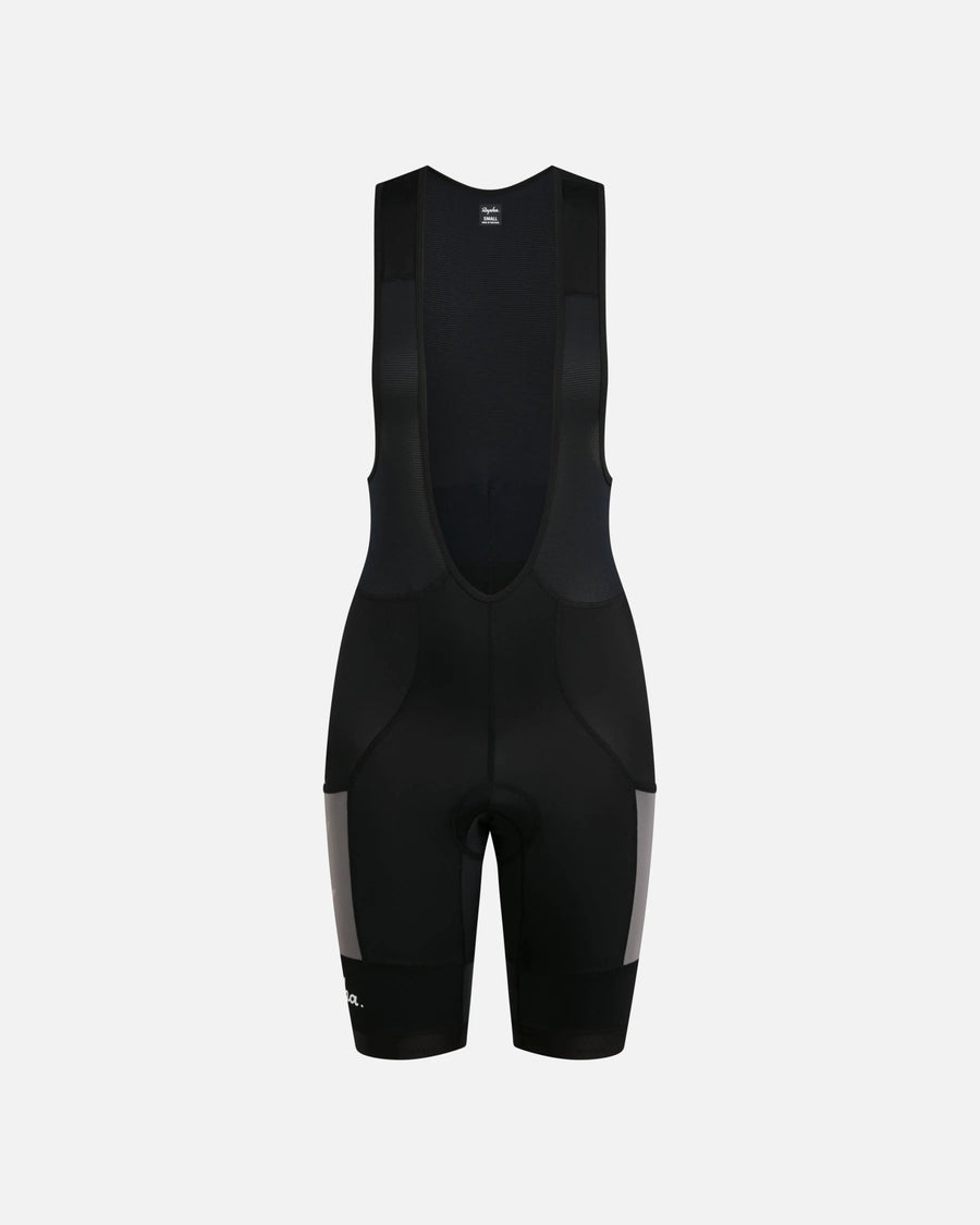 Front view of Patta x Rapha women's cargo bib shorts in black with stone mesh pockets.