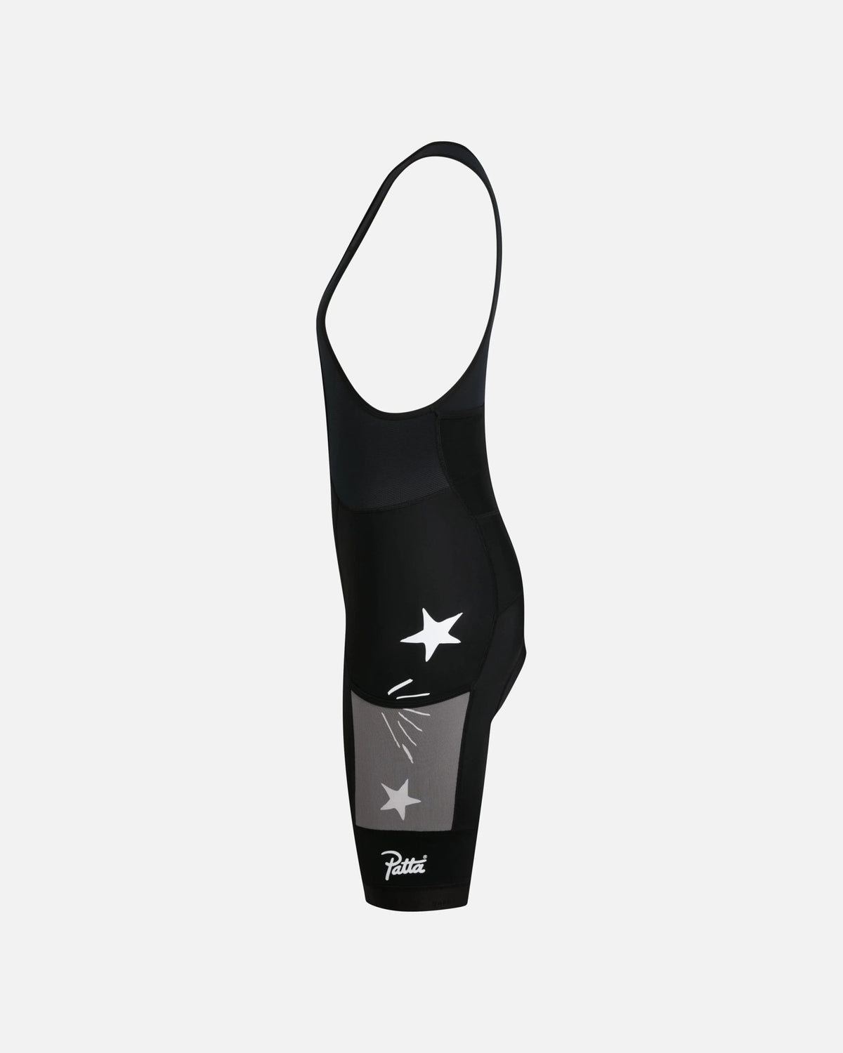 Side view of Patta x Rapha Women's Pro Team Cargo Bib Shorts in black with star prints and mesh pocket.