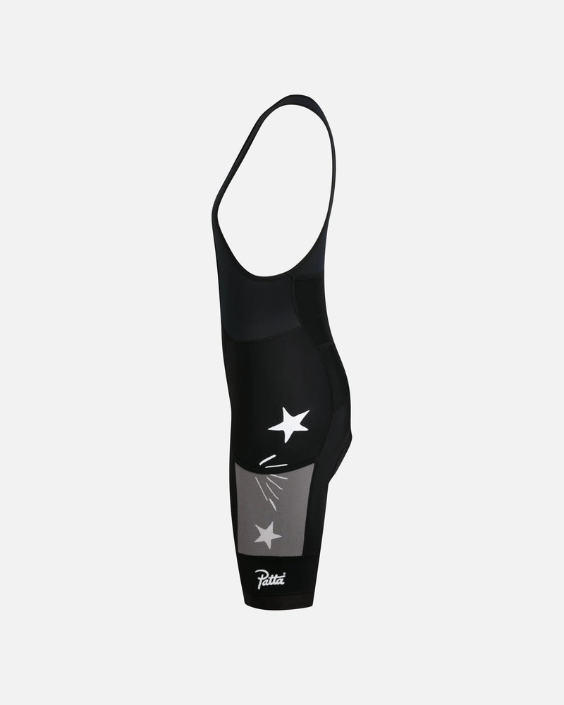 Side view of Patta x Rapha Women's Pro Team Cargo Bib Shorts in black with star prints and mesh pocket.