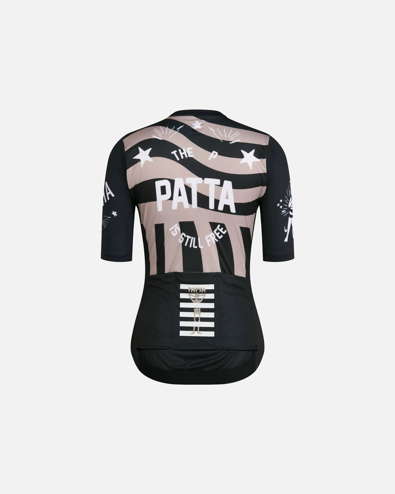 Back view of the Patta x Rapha Women's Pro Team Training Jersey in black and stone with graphic prints.