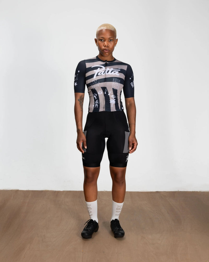 Front view of a model wearing the Patta x Rapha women's pro team training jersey in black and stone.