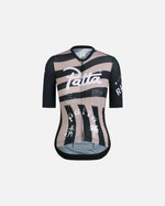 Patta x Rapha women's training jersey in a black and stone striped graphic print.