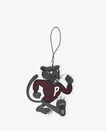 Patta Panther air freshener shaped like a running black panther in a maroon sweater with a white P.
