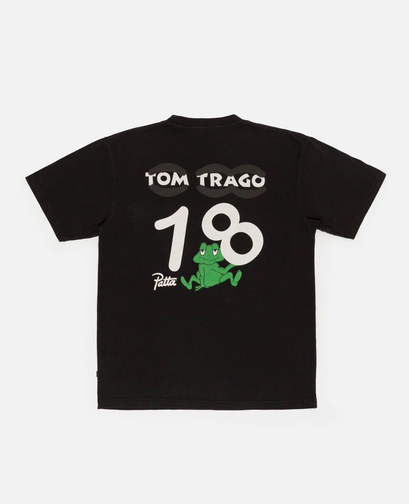 Back view of the black Patta Soundsystem x Tom Trago washed T-shirt with 18 frog graphic print.